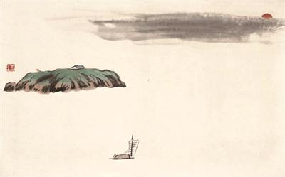 借山圖之四洞庭君山 齊白石 紙本設(shè)色 鏡芯 30×48cm 無年款 北京畫院藏