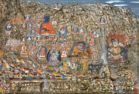 李小可水墨作品 《佛崖》 2003年 77.5×113.5cm 設(shè)色紙本