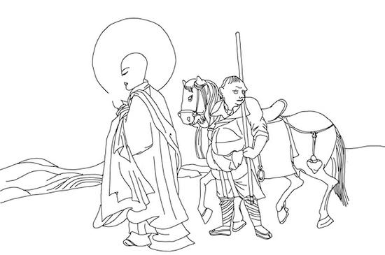 東千佛洞第二窟北壁西側(cè)唐僧取經(jīng)圖線圖