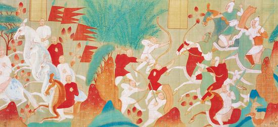 張大千 摹西魏敦煌壁畫五百?gòu)?qiáng)盜成佛故事卷 局部 四川博物院藏
