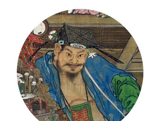 南宋畫家蘇漢臣《貨郎圖》中鬢邊簪花的男子